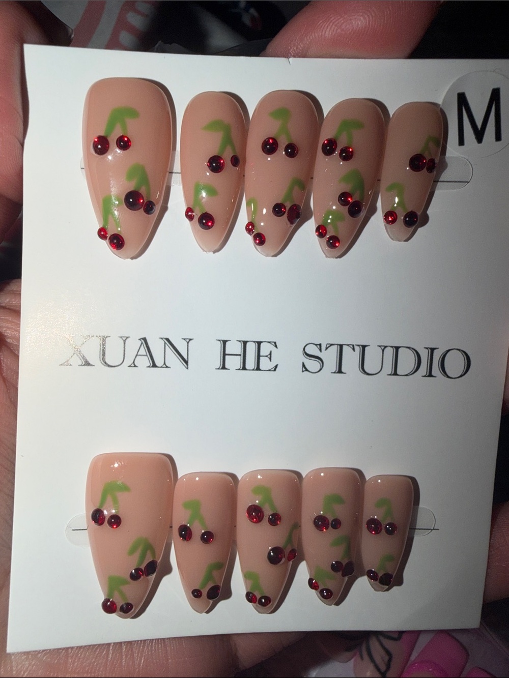 Nude Cherry Press-On Nails - Pink Nude with Red Gems (M)